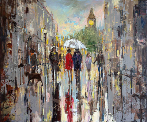 'Out for a Walk' Oil Painting on Canvas, Ready to Hang - Eva Czarniecka Umbrella Oil paintings Rain London Streets Pallets Knife Limited Edition Prints Impressionism Art Contemporary  