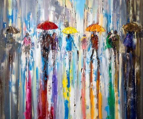 'Reflecting Breeze' Large Oil Painting Ready to Hang - Eva Czarniecka Umbrella Oil paintings Rain London Streets Pallets Knife Limited Edition Prints Impressionism Art Contemporary  