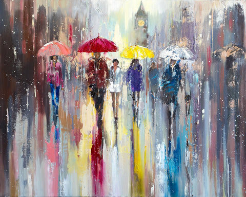 'Rainy April in London' Oil Painting Ready To Hang - Eva Czarniecka Umbrella Oil paintings Rain London Streets Pallets Knife Limited Edition Prints Impressionism Art Contemporary  