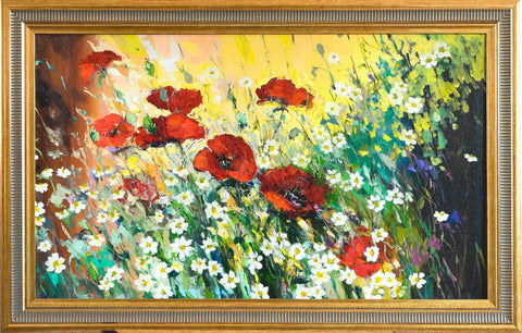 'Poppies' Giclee Print Framed Ready To Hang - Eva Czarniecka Umbrella Oil paintings Rain London Streets Pallets Knife Limited Edition Prints Impressionism Art Contemporary  