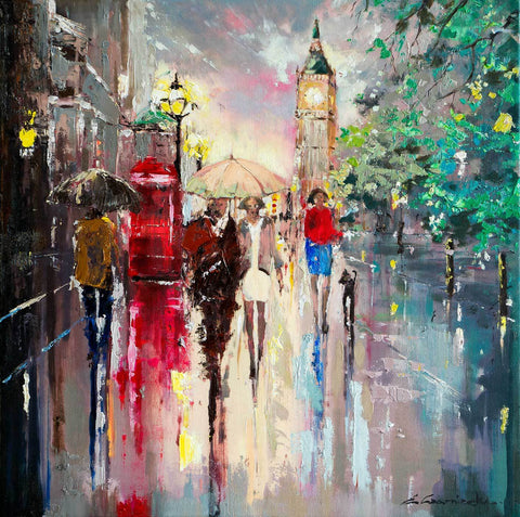 'Summer in Westminster' Oil Painting (Reserved) - Eva Czarniecka Umbrella Oil paintings Rain London Streets Pallets Knife Limited Edition Prints Impressionism Art Contemporary  