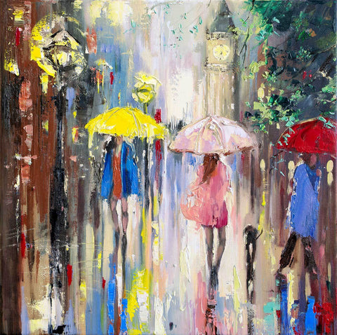 'Girl in Pink' Oil Painting - Eva Czarniecka Umbrella Oil paintings Rain London Streets Pallets Knife Limited Edition Prints Impressionism Art Contemporary  