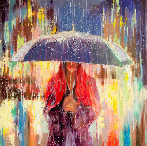 'Gone with the Rain' Oil Painting Ready to Hang - Eva Czarniecka Umbrella Oil paintings Rain London Streets Pallets Knife Limited Edition Prints Impressionism Art Contemporary  