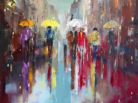 'Regent Street, London' Large Oil Painting Ready To Hang - Eva Czarniecka Umbrella Oil paintings Rain London Streets Pallets Knife Limited Edition Prints Impressionism Art Contemporary  