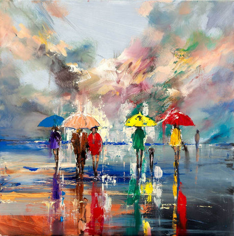 'Sunshine after Storm' Oil Painting on Canvas, Ready to Hang - Eva Czarniecka Umbrella Oil paintings Rain London Streets Pallets Knife Limited Edition Prints Impressionism Art Contemporary  