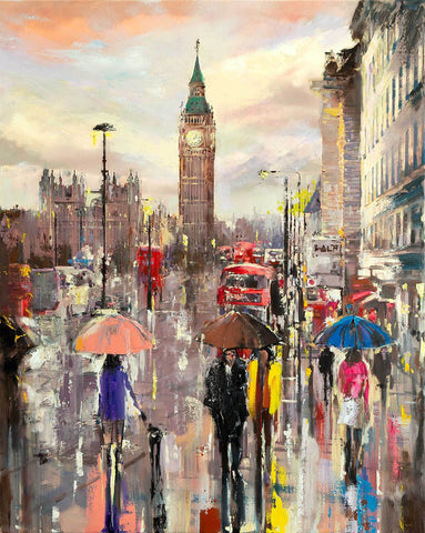 'Late Summer' Original Oil Painting on Canvas Ready to Hang - Eva Czarniecka Umbrella Oil paintings Rain London Streets Pallets Knife Limited Edition Prints Impressionism Art Contemporary  