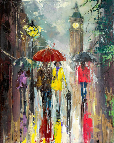 'Reflections' Oil Painting on Canvas, Ready to Hang - Eva Czarniecka Umbrella Oil paintings Rain London Streets Pallets Knife Limited Edition Prints Impressionism Art Contemporary  