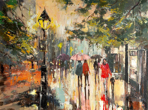 'Winter Stroll in Hyde Park' Original Oil Painting on Canvas Ready to Hang - Eva Czarniecka Umbrella Oil paintings Rain London Streets Pallets Knife Limited Edition Prints Impressionism Art Contemporary  