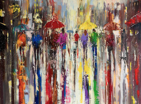 'Afternoon in City Of Rain' Original Oil Painting on Canvas Ready to Hang - Eva Czarniecka Umbrella Oil paintings Rain London Streets Pallets Knife Limited Edition Prints Impressionism Art Contemporary  