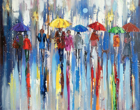 'Moon At Night In The City Of Rain' Oil Painting on Canvas Ready to Hang - Eva Czarniecka Umbrella Oil paintings Rain London Streets Pallets Knife Limited Edition Prints Impressionism Art Contemporary  