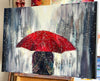 'Red Umbrella Rain'  Oil Painting on Canvas Ready to Hang - Eva Czarniecka Umbrella Oil paintings Rain London Streets Pallets Knife Limited Edition Prints Impressionism Art Contemporary  