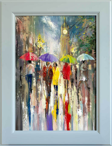 'Memories of London' Framed Oil Painting on Canvas Ready to Hang - Eva Czarniecka Umbrella Oil paintings Rain London Streets Pallets Knife Limited Edition Prints Impressionism Art Contemporary  