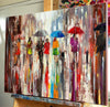 'Summer Rain' Original Oil Painting on Canvas - Eva Czarniecka Umbrella Oil paintings Rain London Streets Pallets Knife Limited Edition Prints Impressionism Art Contemporary  