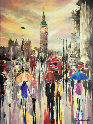 'London City Rush'  Original Oil Painting on Canvas - Eva Czarniecka Umbrella Oil paintings Rain London Streets Pallets Knife Limited Edition Prints Impressionism Art Contemporary  