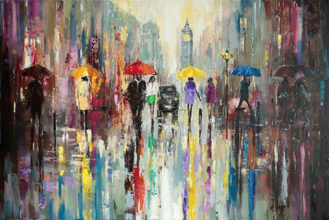 Commission for Mr Ravi (Reserved) - Eva Czarniecka Umbrella Oil paintings Rain London Streets Pallets Knife Limited Edition Prints Impressionism Art Contemporary  