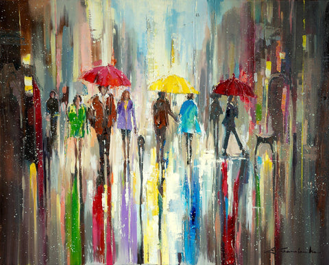 'London Walk' Oil Painting on Canvas - Eva Czarniecka Umbrella Oil paintings Rain London Streets Pallets Knife Limited Edition Prints Impressionism Art Contemporary  