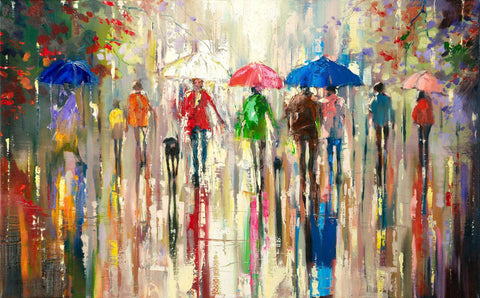 'London Evening Glow' Oil Painting on Canvas - Eva Czarniecka Umbrella Oil paintings Rain London Streets Pallets Knife Limited Edition Prints Impressionism Art Contemporary  