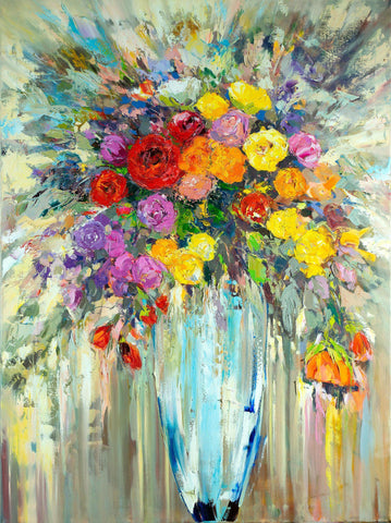 'Flowers in Blue Vase' Original Oil Painting on Canvas - Eva Czarniecka Umbrella Oil paintings Rain London Streets Pallets Knife Limited Edition Prints Impressionism Art Contemporary  