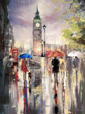 'Big Ben London Rain' Original Oil Painting on Canvas Ready to Hang - Eva Czarniecka Umbrella Oil paintings Rain London Streets Pallets Knife Limited Edition Prints Impressionism Art Contemporary  