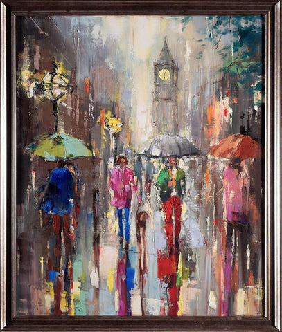 'City Rush Hour'  Painting on Canvas Framed Ready to Hang - Eva Czarniecka Umbrella Oil paintings Rain London Streets Pallets Knife Limited Edition Prints Impressionism Art Contemporary  