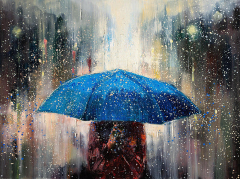 'Under Blue Umbrella I' Oil Painting on Canvas - Eva Czarniecka Umbrella Oil paintings Rain London Streets Pallets Knife Limited Edition Prints Impressionism Art Contemporary  