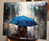 'Under Blue Umbrella I' Oil Painting on Canvas - Eva Czarniecka Umbrella Oil paintings Rain London Streets Pallets Knife Limited Edition Prints Impressionism Art Contemporary  